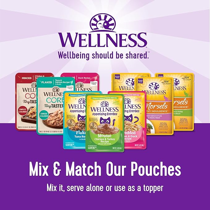 Wellness Healthly Indulgence Morsels Adult Wet Cat Food, Natural, Protein-Rich, Grain Free, 3 Ounce Pouch, 24 Pack, (Salmon & Tuna)