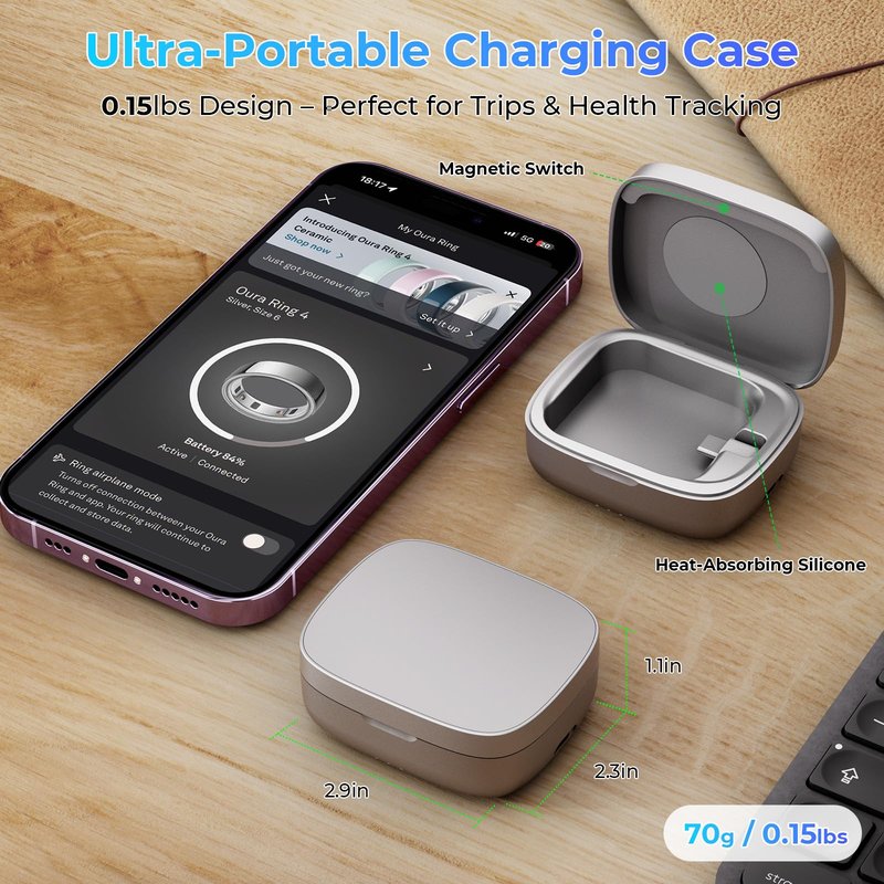 Portable Charging Case for Oura Ring 4 & 3 Charger, 1000mAh Battery Capacity Supports 30-Day Long Runtime, Fits All Ring Sizes |Charges at Your Desk or on the go (Official Charger Not Included)