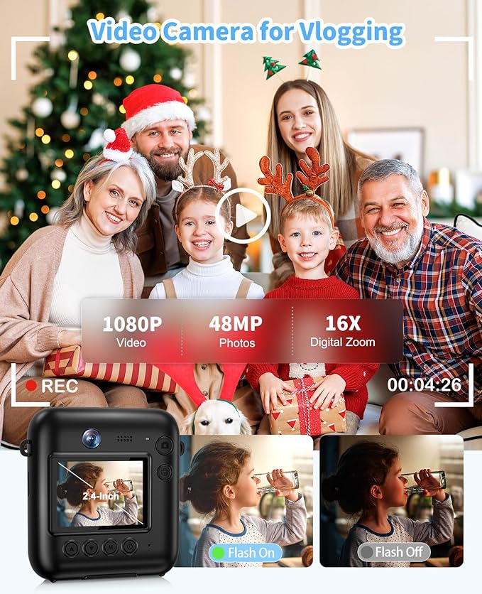 Kids Camera Instant Print, 48MP Dual-Lens Digital Camera