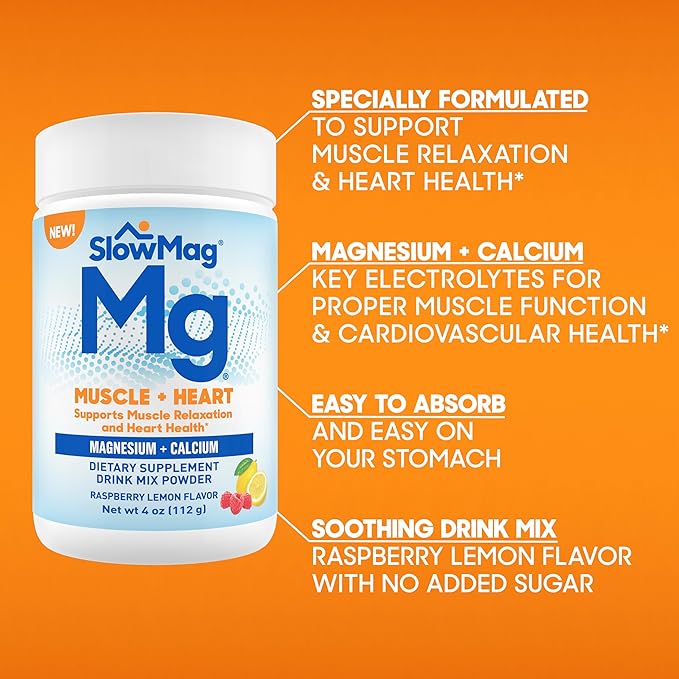 SlowMag® Magnesium Powder, Magnesium + Calcium Supplement Drink Mix, Raspberry Lemon Flavor, Supports Muscle Relaxation & Heart Health, 4oz