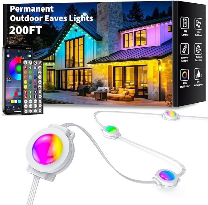 200FT Permanent Outdoor Lights, Smart RGB Eaves Lights with App/Remote Control, LED IP67 Waterproof Outdoor Lighting for Halloween Christmas Holidays Daily Party House Roof Lighting