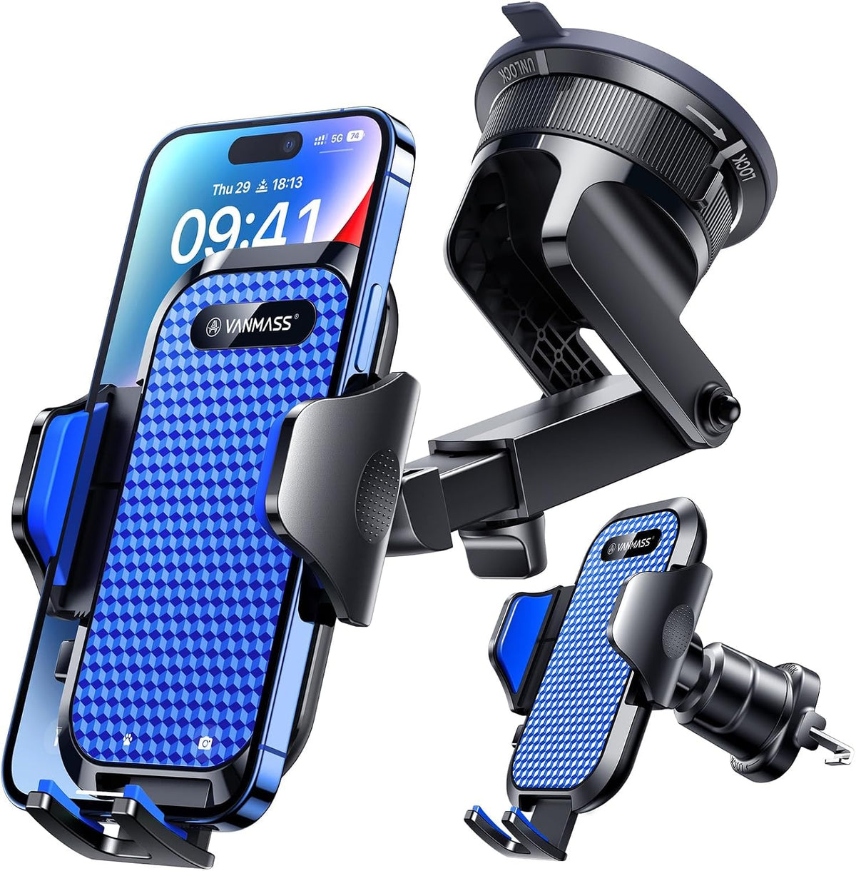 VANMASS [True Military-Grade] Car Phone Holder [Best Suction & Clip] Cell Phone Mount for Dashboard Windshield Vent Truck Cradle Dash Stand for iPhone 15 Pro Max 14 13 12 Android, Blue
