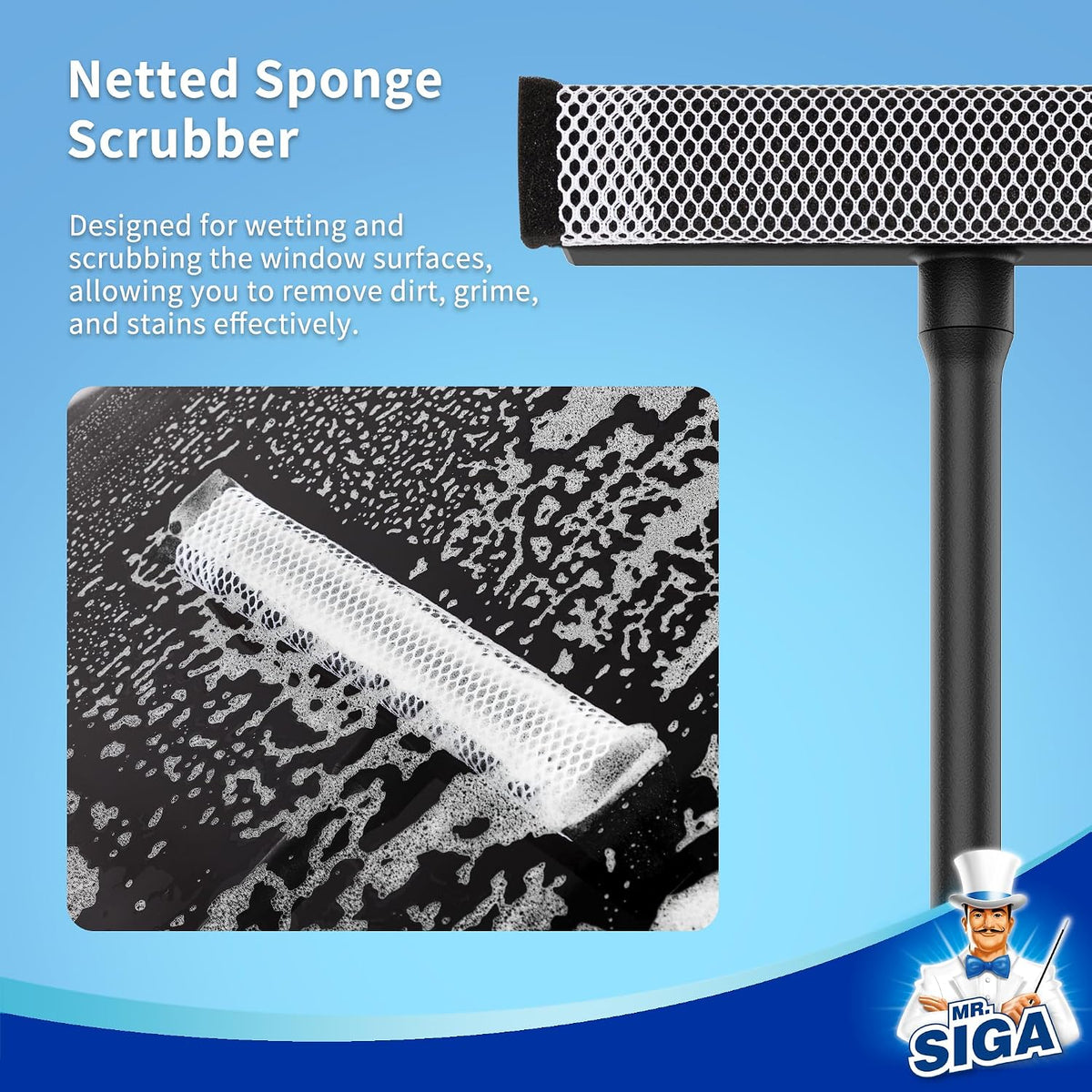 MR.SIGA Professional 2-in-1 Car Window Squeegee and Sponge Scrubber for Cleaning and Washing, Rubber Blade Cleaner With Handle, Black