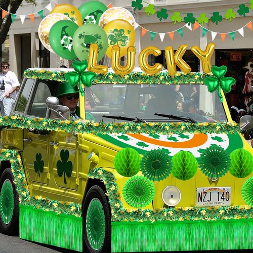 56pcs St. Patrick's Day Golf Cart Parade Decorations Kit, Saint Patrick's Car Decor Set-Irish Flag Tinsel Garlands Shamrock Balloons&Banners Crepe Paper Fans Stickers for Irish Festival Decor Supplies