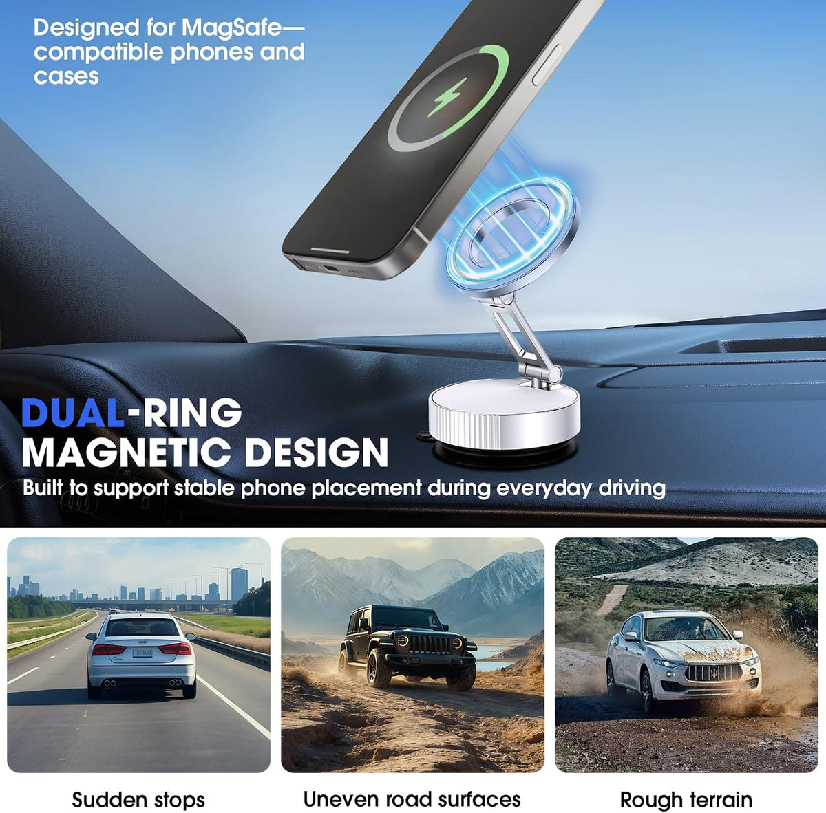 LifetimeWarranty Durability Magnetic Car Phone Holder, 360°Adjustable Car Mount w/ Vacuum Suction, Pocket Size Strong Magnetic Phone Mount for Dashboard&Windshield, Compatible with iPhone 17-12,Silver