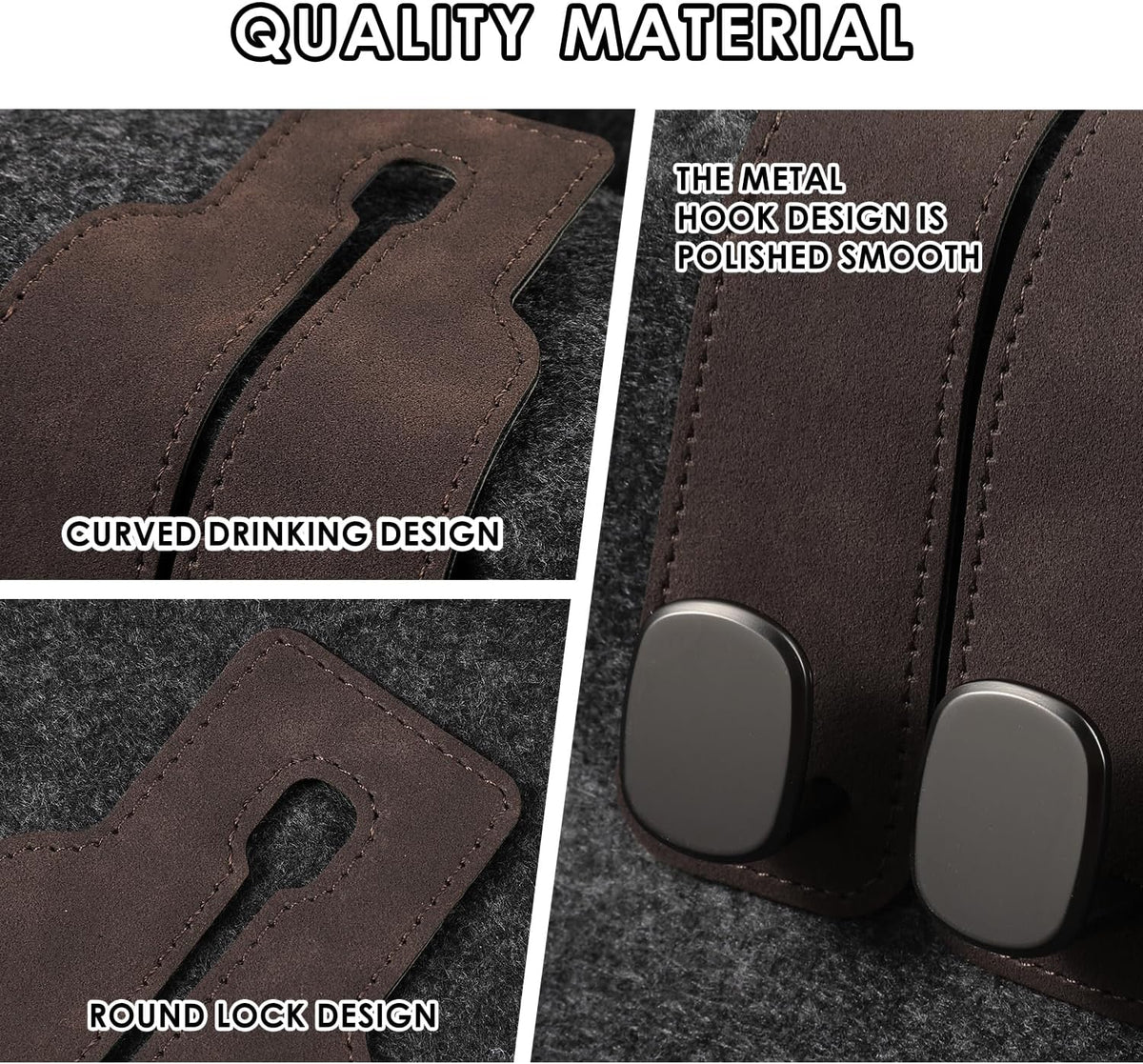 KINIVA Car Seat Headrest Storage Hooks, Set of 2, Suede PU Leather, Double Hooks (Brown-4 Pack)