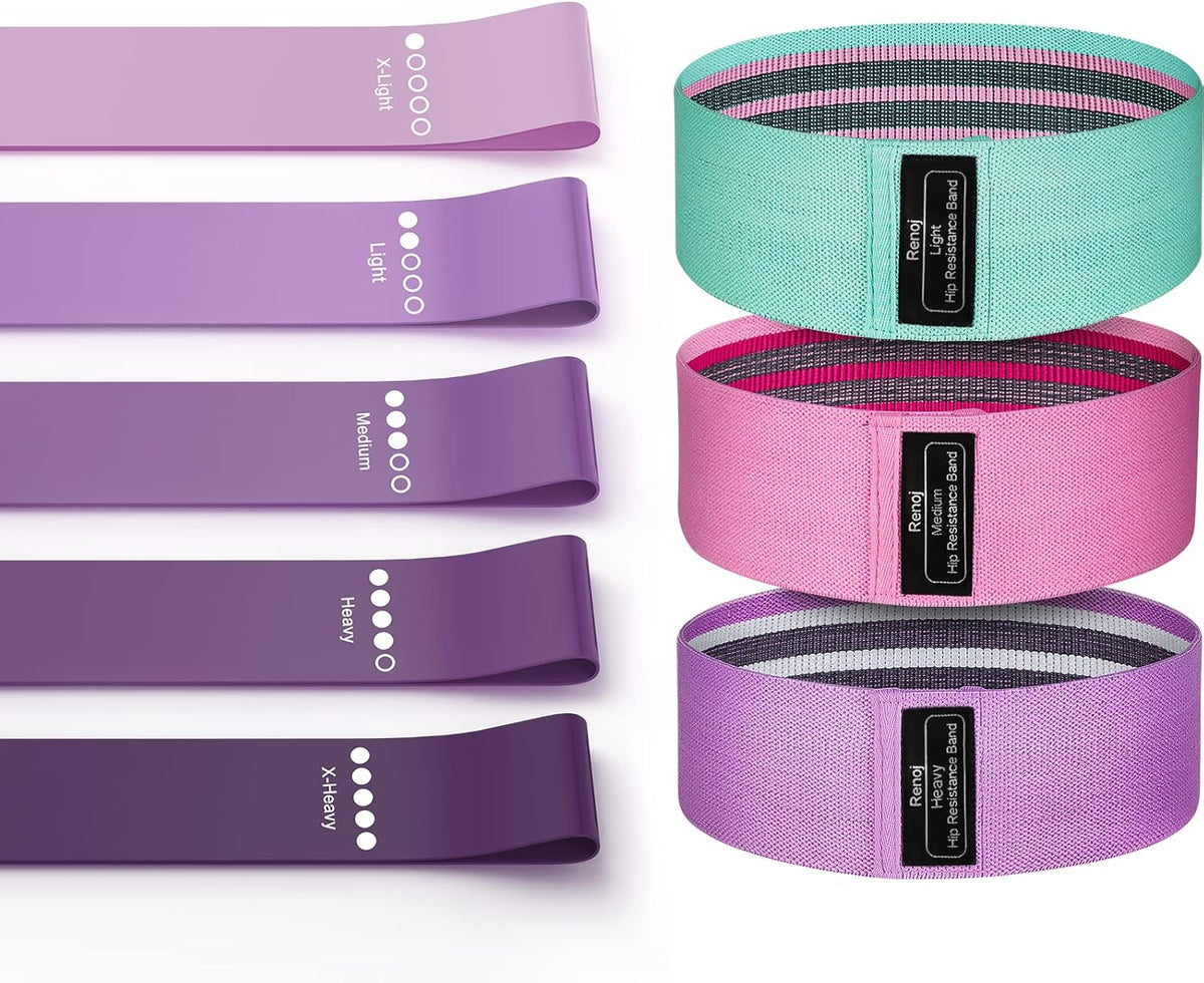 Skiennix Resistance Bands Set - 8-Piece Workout Bundle with 5 Latex & 3 Fabric Booty Bands