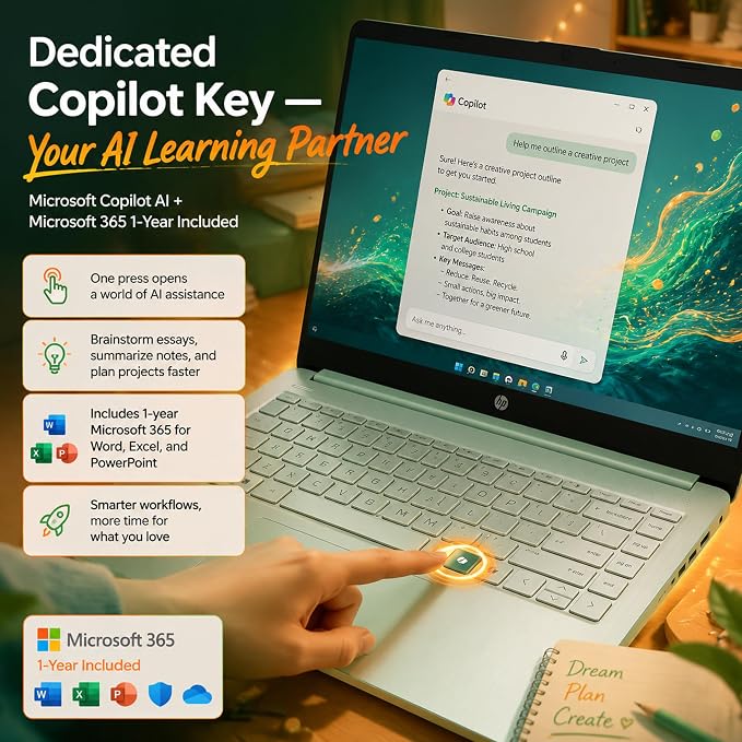 HP 14 Laptop for Students and Home Use, Intel Processor N150, 16GB RAM | 128GB UFS+256GB MSD, 14" HD Display, Wi-Fi 6, 1-Year Microsoft 365, Copilot AI Key, Lightweight, Willow Green, W/Mouse