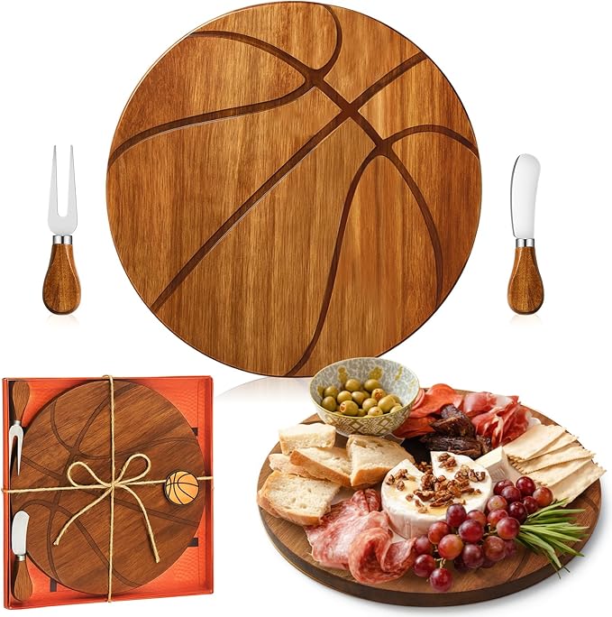 Basketball Cheese Board Gift Set Party Favor Prizes Charcuterie Wood Board with Knives and Box Father Day Gift for Dad Grandpa Party Tournament Game (Acacia Wood, Basketball)