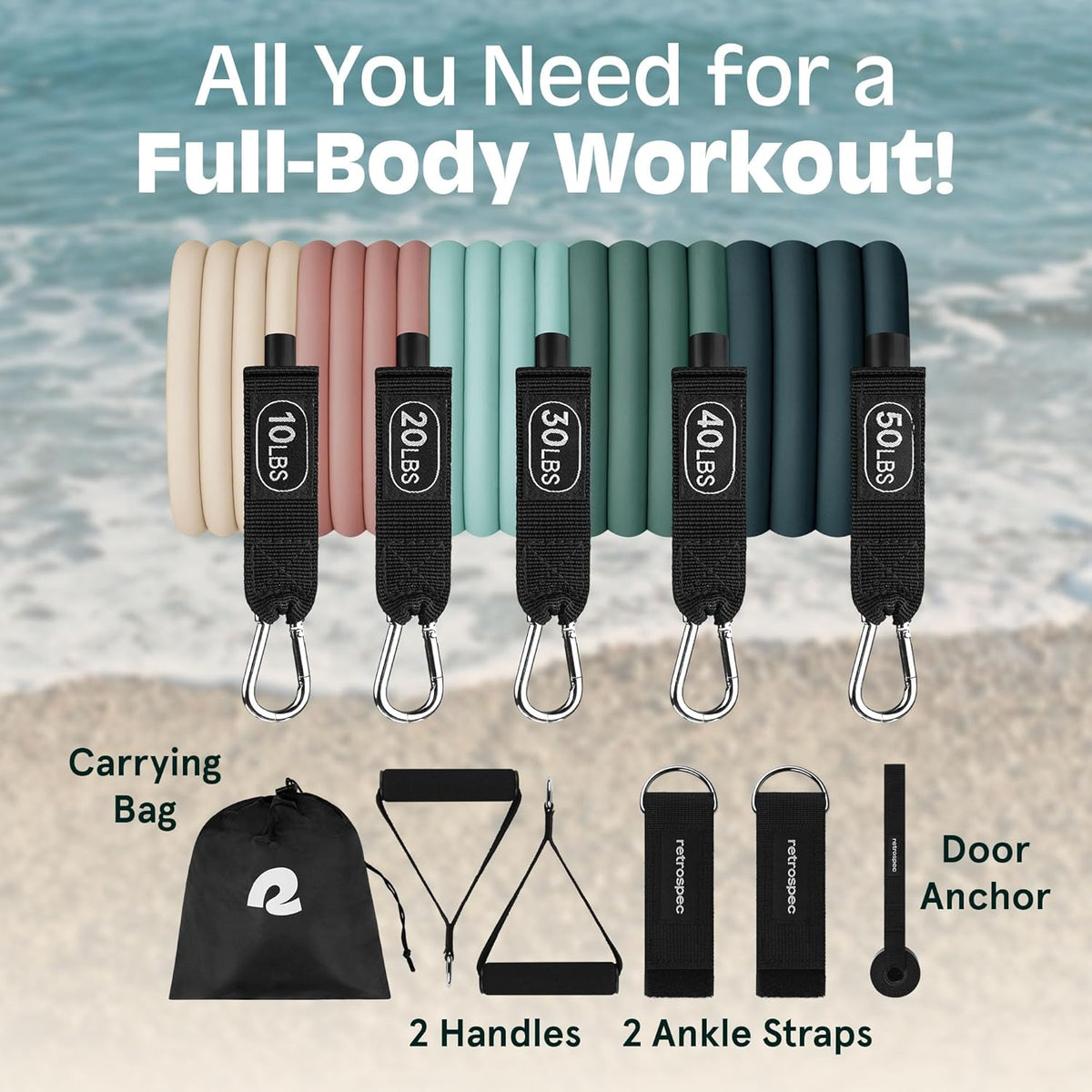 Retrospec Resistance Bands Set - 5 Stackable Bands with Handles & Door Anchor | Portable Fitness Equipment for Yoga & Therapy