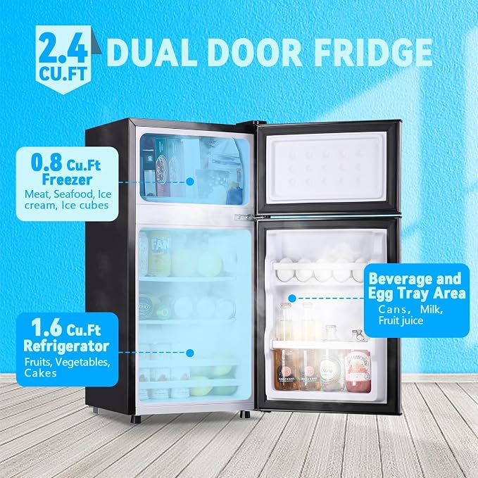 Mini Fridge with Freezer 2.4 Cu.ft Mini Refrigerator Double Doors Dorm Fridge Compact 7 Modes Temp Suit for Apartment Bedroom Office Silver