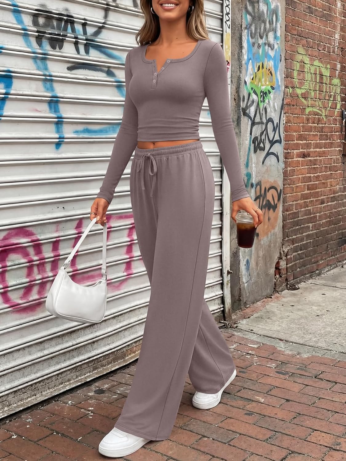 Trendy Queen Women's Lounge Set - Long Sleeve Crop Top & Wide Leg Pants | Casual Comfort