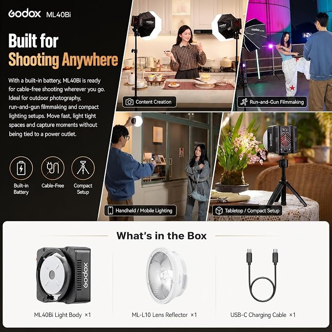 Godox ML40Bi Bi-Color LED Video Light, Portable COB Photography Light