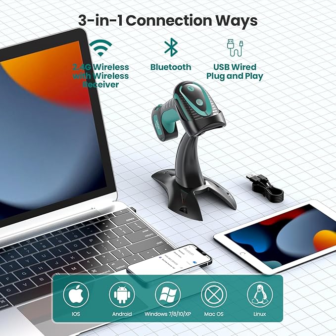 Wireless Barcode Scanner with Stand, Industrial 1D 2D QR Bluetooth Barcode