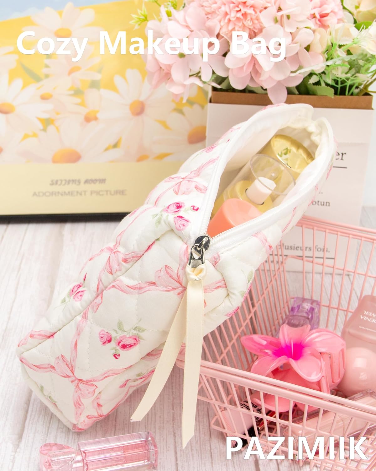 Quilted Makeup Pouch for Women, Travel Cosmetic&Toiletry Bag,Bow Rose