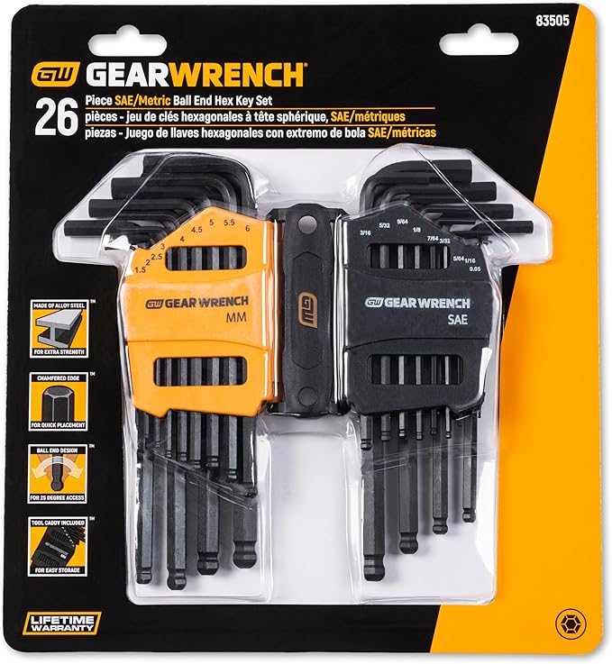 GEARWRENCH 26 Piece SAE/Metric Ball End Long Arm Hex Key Set - 83505