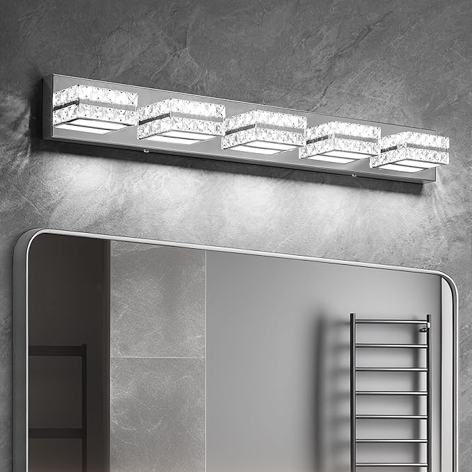 OKELI Crystal Vanity Lights LED Bathroom Vanity Light Fixture Over Mirror Modern Indoor Chrome Lamp, 6000K Cold White Dimmable, 5-Lights, 32W