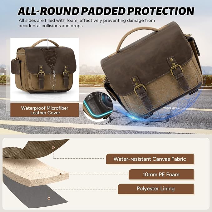 RAINSMORE Camera Bag, Vintage Canvas Camera Sling Bag Small Waterproof DSLR SLR