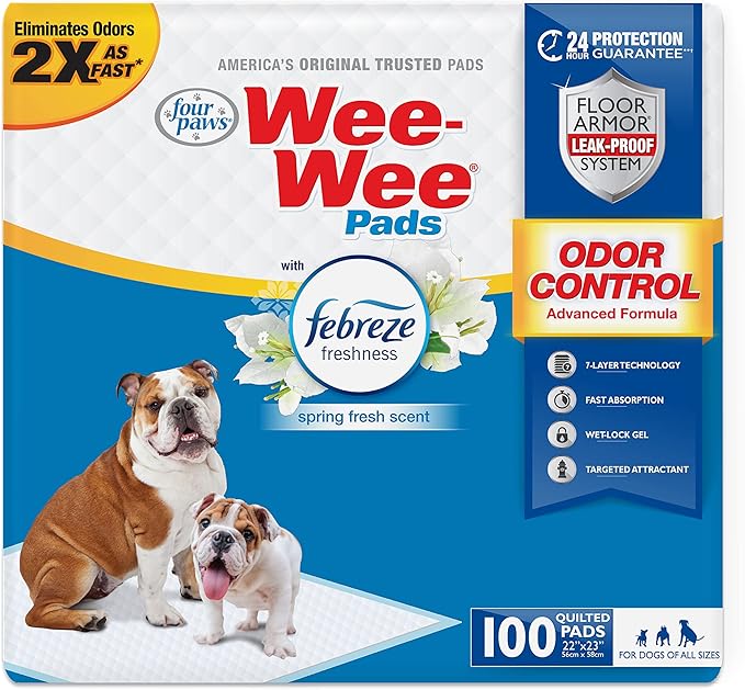 Four Paws Wee-Wee Odor Control with Febreze Freshness Pee Pads for Dogs & Puppies, Leak-Proof Dog Housebreaking Potty Training Floor Protection, Spring Fresh Scent, 22" x 23", 50 Count