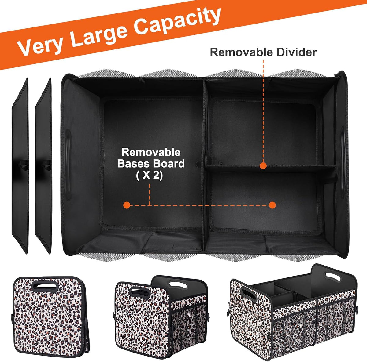 Trunk Organizer, Collapsible Trunk Organizers and Storage, Car Accessories for Women and Men, Multi-Compartment Trunk Storage Organizer for SUV, Car, Mini-Van, Leopard Print