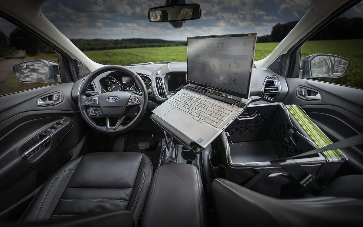 AutoExec Milkcrate Vehicle and Mobile Office Work Station with Apron Organizer, Laptop Tray, 400 watt Power Inverter and Phone Vent Clip