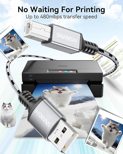 SNANSHI USB Printer Cable 6ft, Nylon Braided Printer Cable to USB Stable Wired