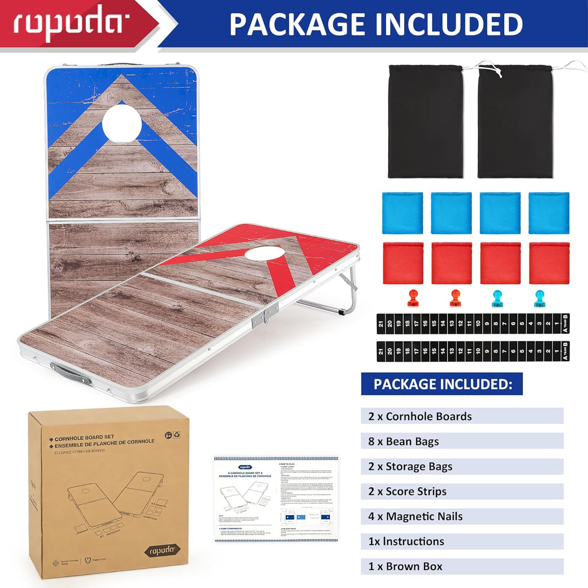 Ropoda Cornhole Board Set - Regulation Size 4x2 FT | Lightweight Aluminum Edging for Outdoor Fun