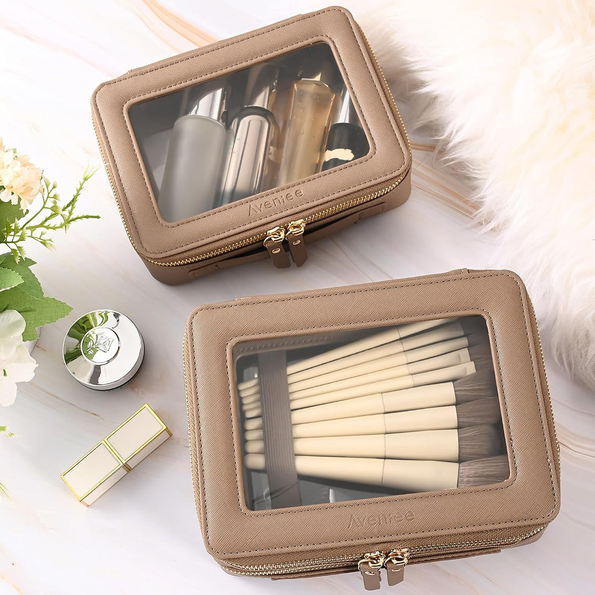 Aveniee Large Clear Makeup Bags, Double Layer Cosmetic Bags with Separate Brush Compartment,Travel Toiletry Bag Train Case,Travel Accessories Organizer for Women,2 Layers,Brown