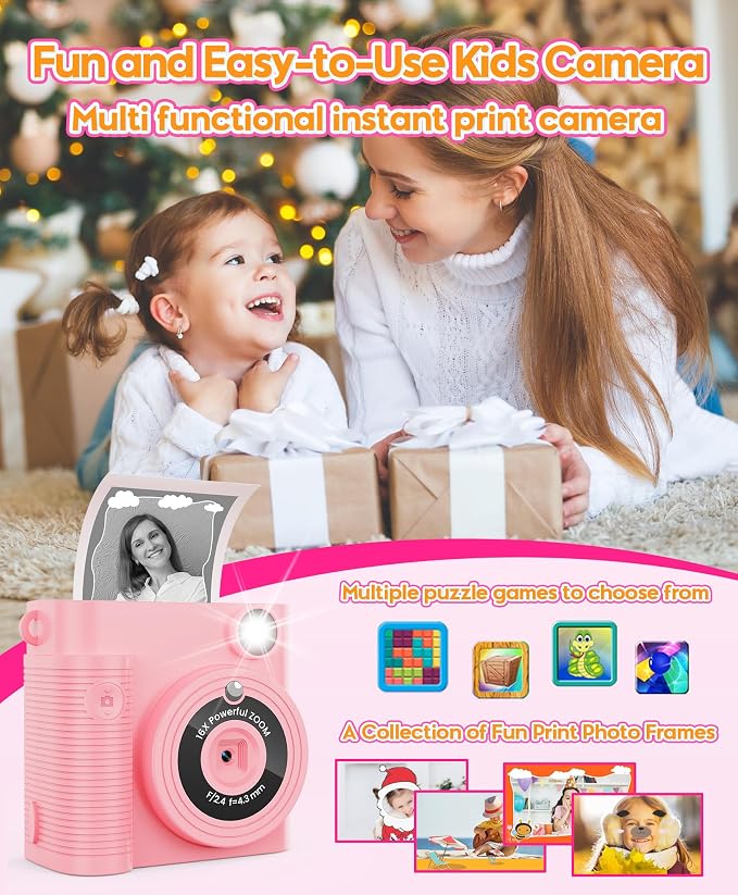 Kids Instant Print Camera Ages 3-12 1080P Selfie 2.4" Screen 32GB Gift Pink |