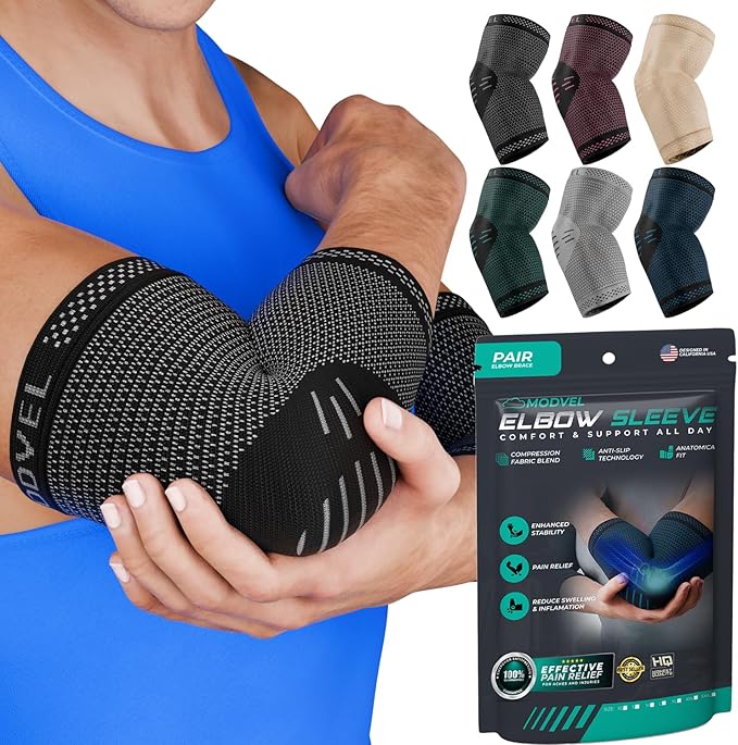 Modvel 2 Pack Elbow Brace - Golfer's Elbow Compression Sleeve Support for Joint Pain Relief, Recovery, Tendonitis Braces, Tennis Elbows Brace For Men & Women, Workout & Weightlifting Arm Wrap