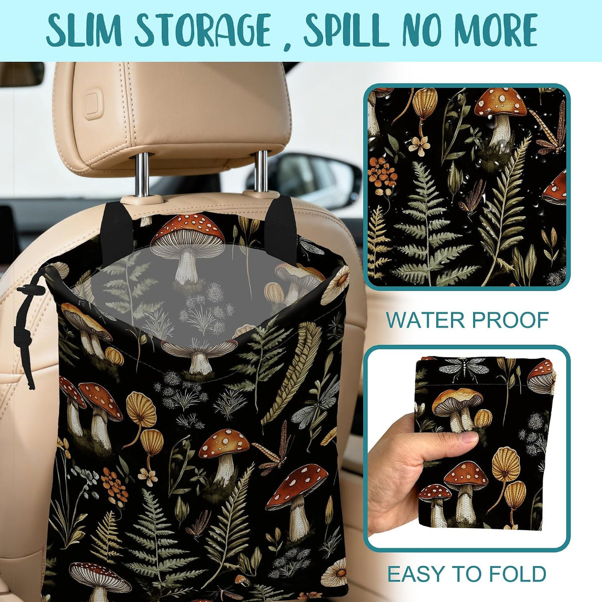 Mushroom Fern Leaves Car Garbage Bag Botanical Drawstring Car Trash Bag Hanging for Back Seat with Adjustable Buckle Canvas Vehicle Trash Can Easy-to-Install