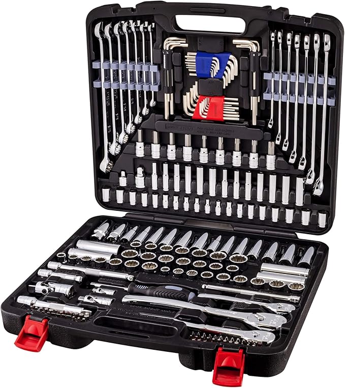 Powerbuilt 200 Piece 1/4-inch, 3/8-inch, and 1/2-inch Drive Mechanics Tool Set - with SAE and Metric Socket Set, Powerbuilt XT 90 Tooth Seal-Head Ratchets, including Case - 642472