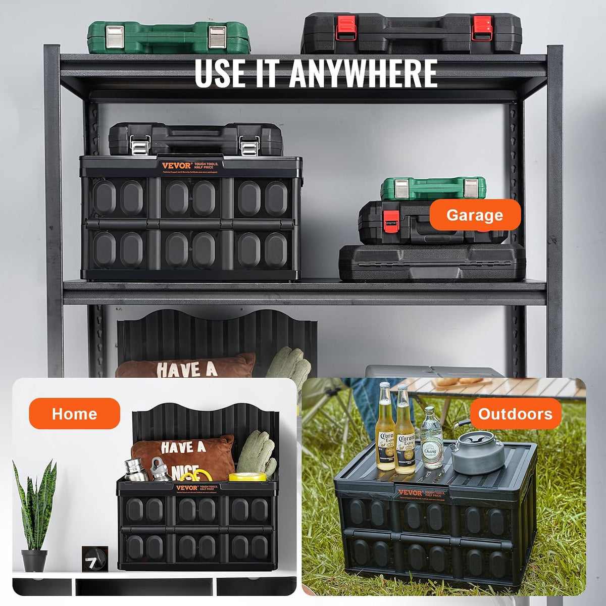 VEVOR 45L Collapsible Storage Bins with Lids 3 Packs, Stackable Utility Crates with Handles, Large Folding Containers for Organizing Tools, Snacks, Books, Food, Drinks, Camping & Transport