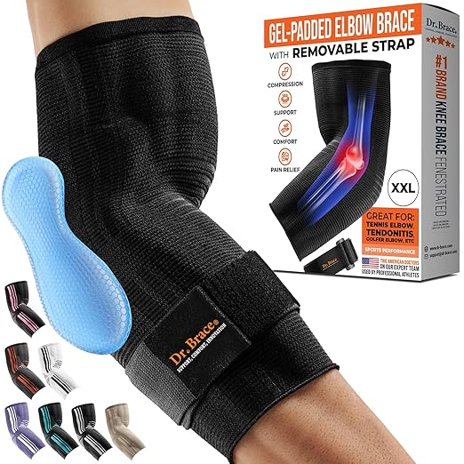 DR. BRACE® Elite Elbow Brace Support, Breathable Elbow Compression Sleeve with Gel Pad for Golfer's, Tennis Elbow & Tendonitis Treatment & Pain Relief 2024 (Black, XX-Large)