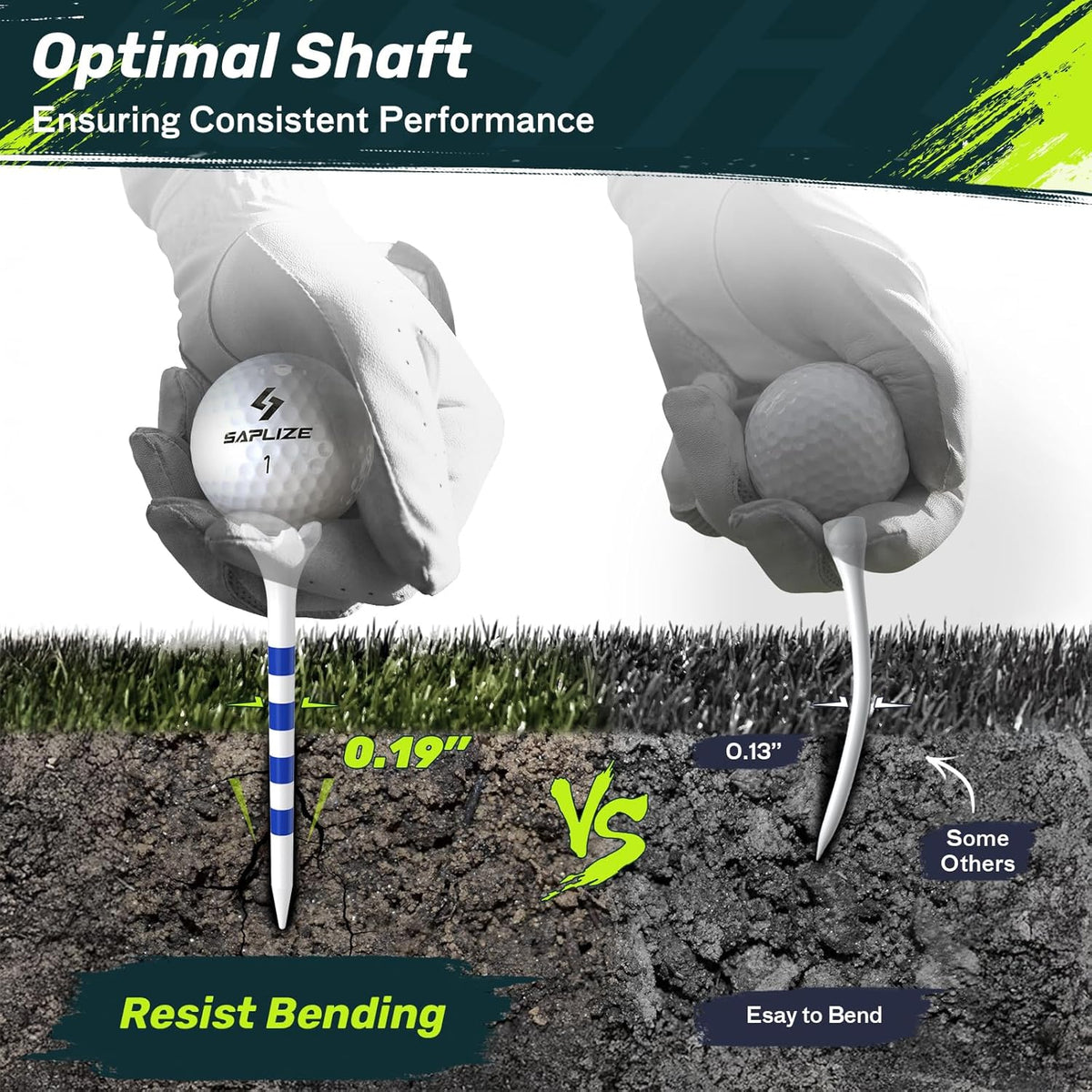 SAPLIZE Golf Tees - Upgraded 4-Prong Design to Reduce Friction & Side Spin | 50/100/120/200 Pack (1.5", 2.75", 3.25")