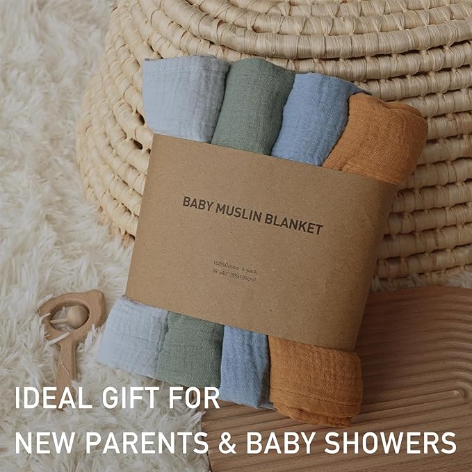 Muslin Swaddle Blankets for Baby Girls and Boys, 4 Pack Breathable and Skin-Friendly Newborn Receiving Blanket, 100% Cotton Swaddle Wrap, Essentials Infant Shower Items, Toddler Gift