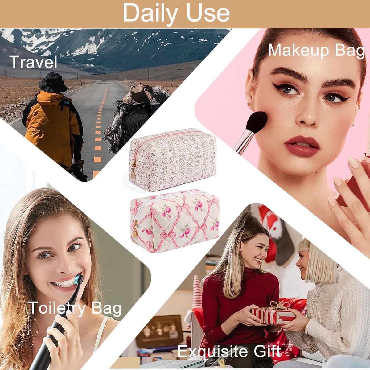 Makeup Bag Travel Cosmetic Bag for Women Girls, Zipper Make Up Pouch, Floral Flowers Toiletry Organizer Makeup, Portable Storage Bag, Cosmetic Travel Cloth Bag (Pink+Pink Bowknot)