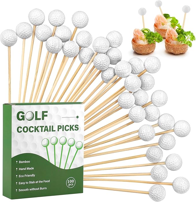 Aneco 100 Pieces Golf Cocktail Picks 4.72 Inch Golf Themed Toothpicks Sports Bamboo Fruit Sandwich Skewer Picks Decorative Toothpicks for Appetizers Cocktail Garnish Party Supplies Catered Events