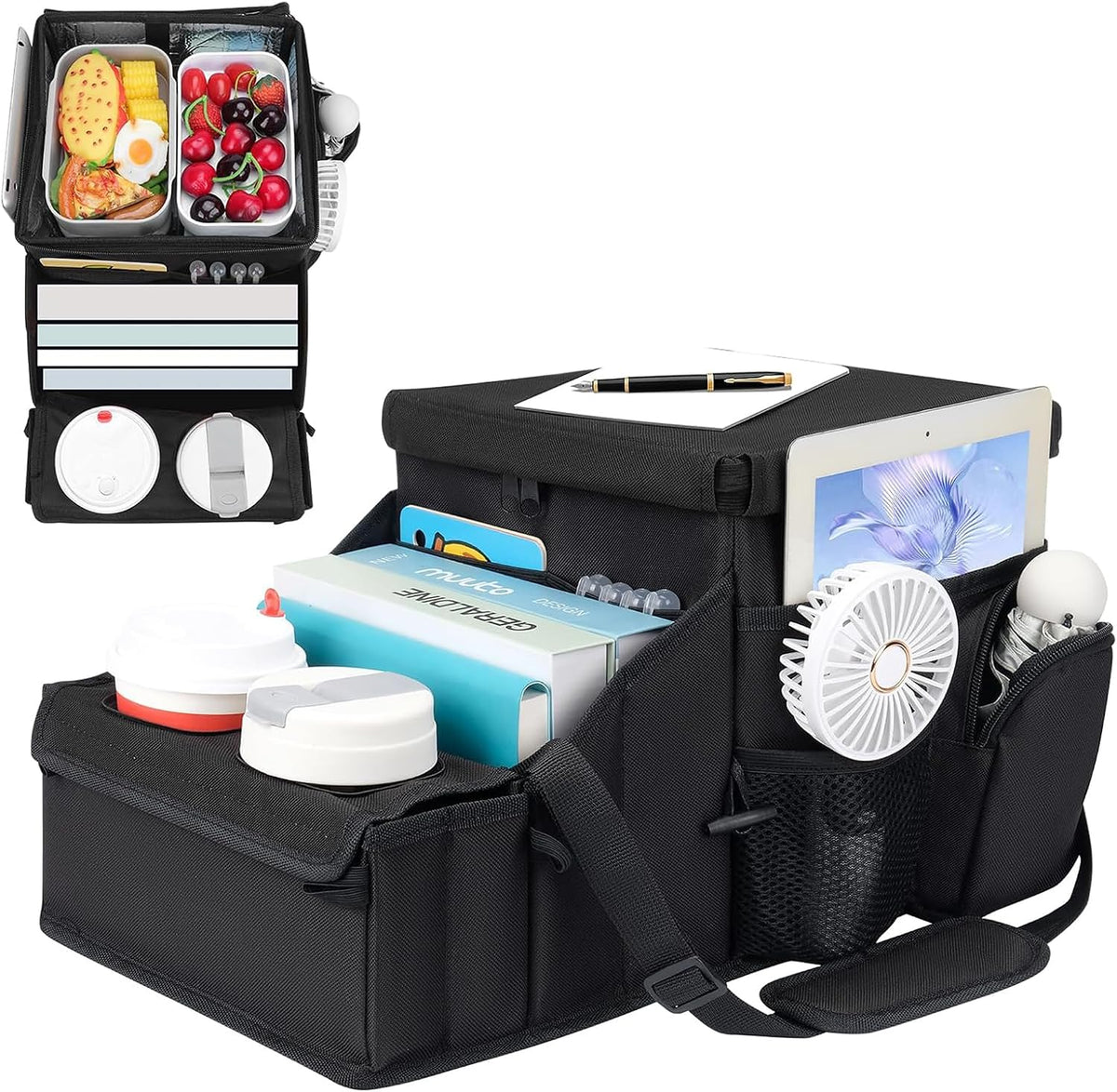 Car Front/Back Seat Organizer with Cup Holder, Movable Divider & Side Pockets, Insulated Compartment for Hot/Cold; Holds Bottles Firmly in Place, Non-slip, Easy-clean, Foldable with Strap
