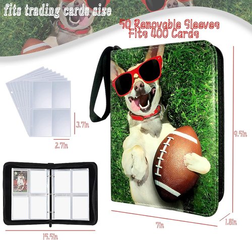 Football Card Binder - 400 Pocket Trading Card Holder with 50 Removable Sleeves & Zipper