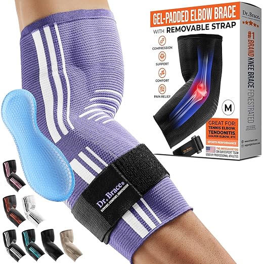 DR. BRACE® Elite Elbow Brace Support, Breathable Elbow Compression Sleeve with Gel Pad for Golfer's, Tennis Elbow & Tendonitis Treatment & Pain Relief 2024 (Purple-White, Medium)