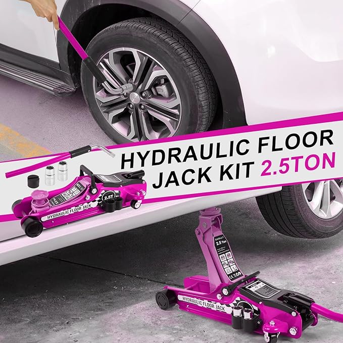 Floor Jack Kit 2.5 Ton (5,500 lbs) | Car Jack - Hydraulic Low Profile Trolley Jack - Tire Tool for SUV and Auto with Lug Wrench Pink