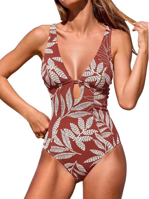 CUPSHE One Piece Swimsuit - Deep V Neck Keyhole Cutout Design | Textured Bathing Suit