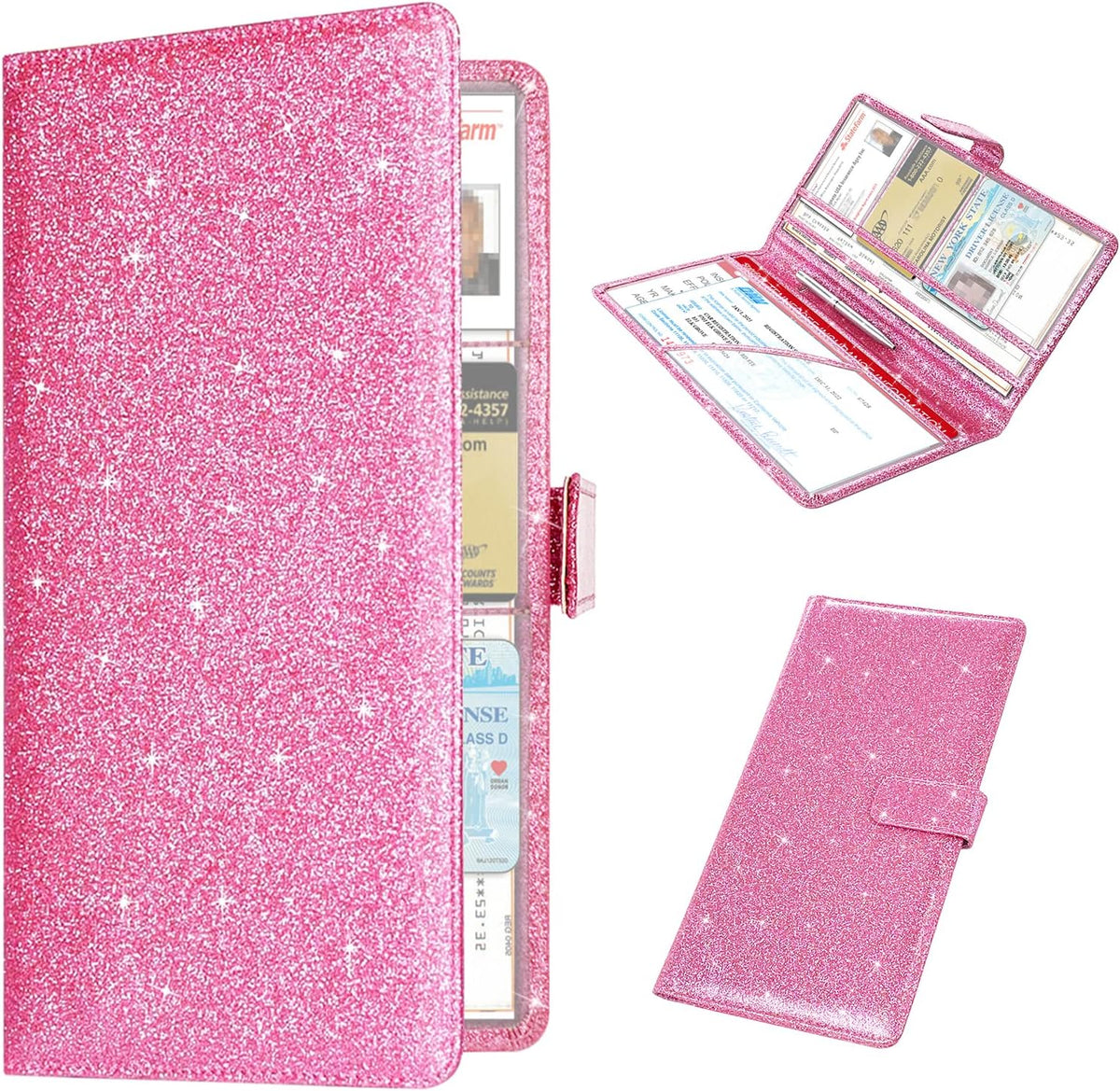 RSAquar Car Registration & Insurance Holder - Leather Glove Box Organizer, Cool Accessories for ID, Driver's License Cards & Docs, Men & Women, Pink Glitter