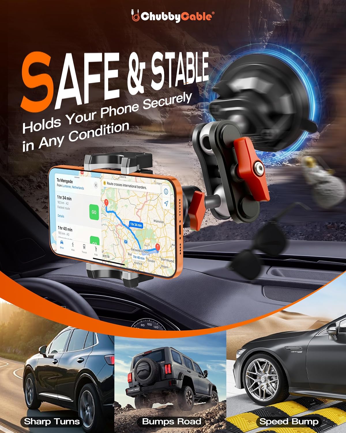 ChubbyGrip Car Phone Holder with Suction Cup and Clamp Head