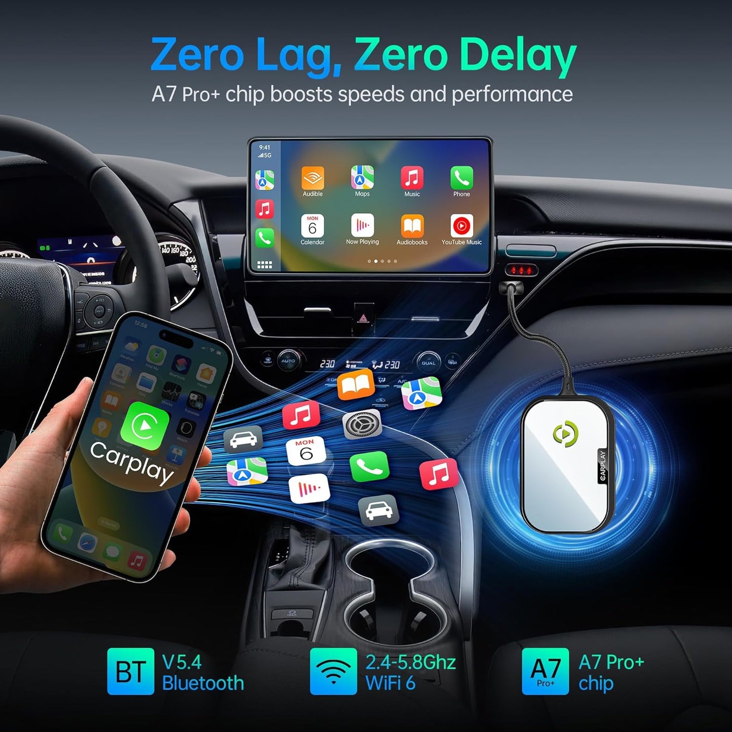 Wireless CarPlay Adapter for Apple iPhone, Converts Factory Wired CarPlay to Wireless CarPlay 2024 Upgrade Plug & Play Auto Connect for Cars from 2015 & iPhone iOS 10+ Black Not for Tesla & Andorid