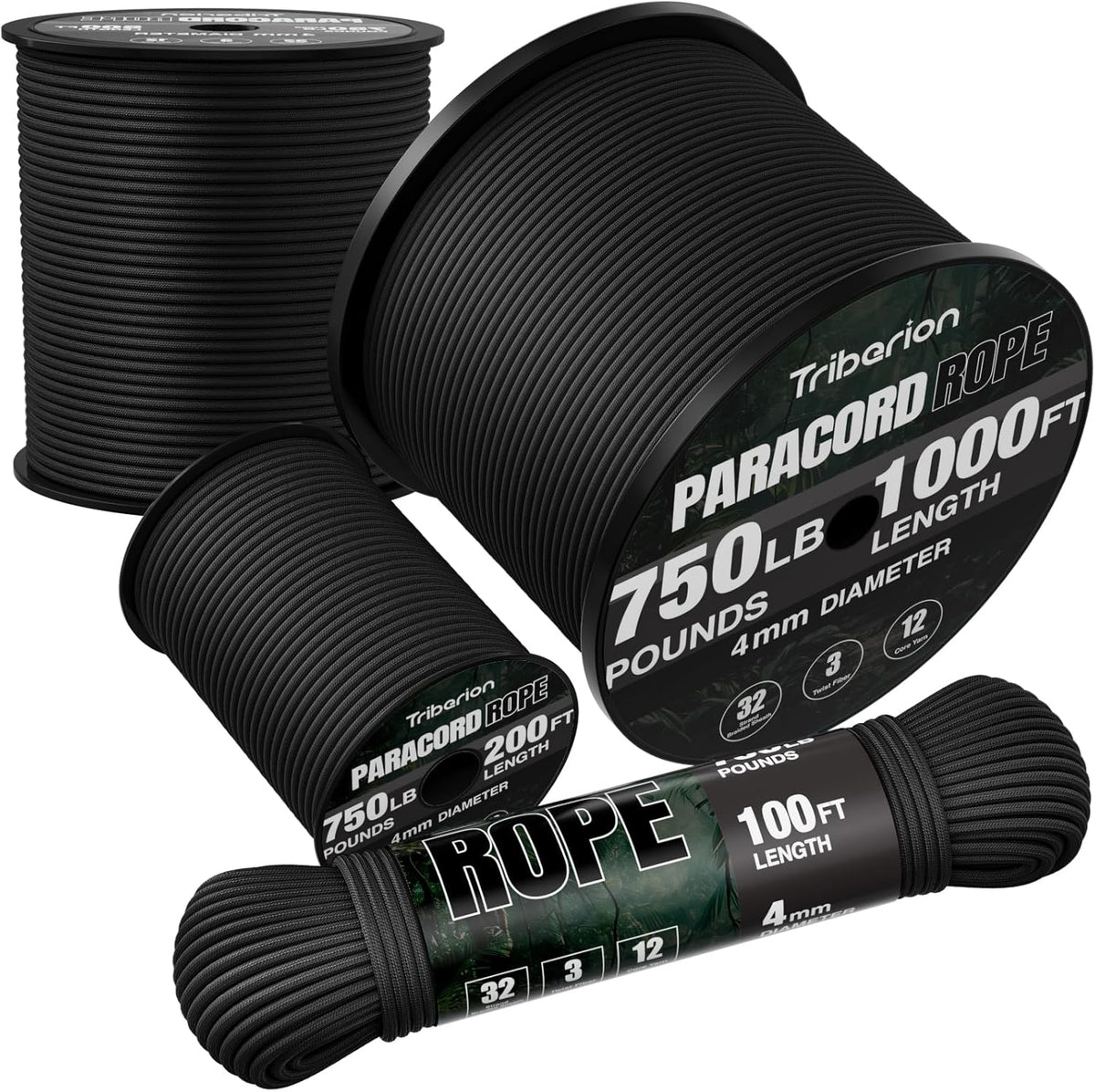 Paracord Rope 750 lb - Heavy Duty 12-Strand Parachute Cord | 1000ft, 500ft, 200ft, 100ft Options for Survival & Camping Gear