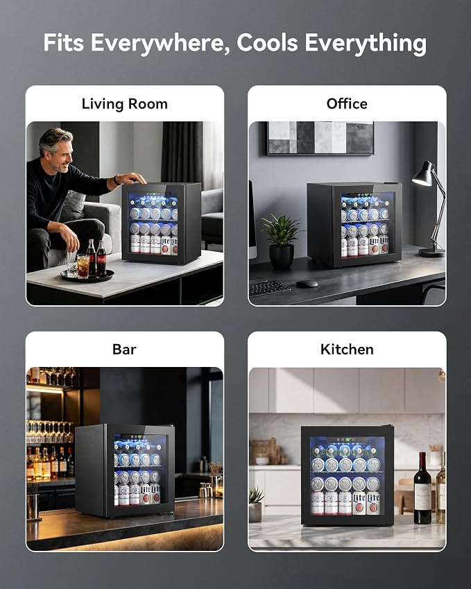 Feelfunn 50 Can Beverage Refrigerator, 1.3CuFt Mini Fridge with Glass Door | 40-61°F, ≤38dB, fast even cooling, removable shelf. For soda, beer, wine, 50 cans or 12 bottles in bedroom, office, dorm