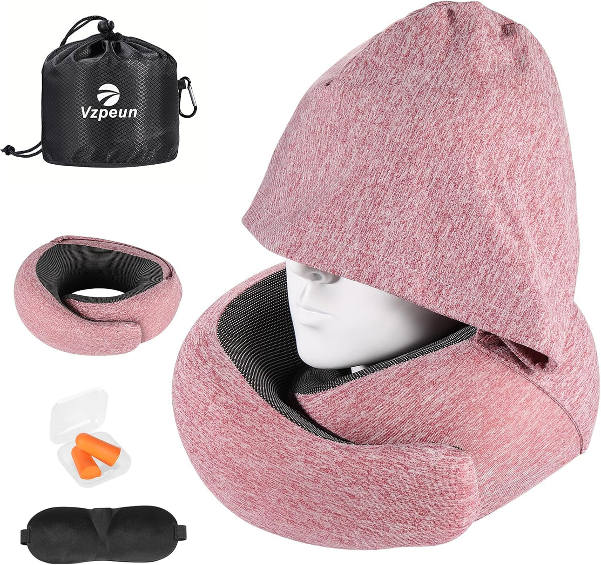 Travel Pillow - Hooded Neck Pillow Airplane Memory Foam Filling for Plane, Office, Cars Sleeping, Road Trip, Long Flights, Airplane Travel Essentials, Includes Eye Mask & Earplugs (Black)