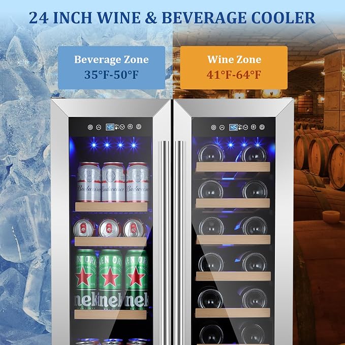24 Inch Wine and Beverage Refrigerator, Dual Zone Wine Beverage Fridge with Glass Door, Built-In/Freestanding Beverage Cooler 24" with French Door, Holds 20 Bottles and 88 Cans for Home/Kitchen